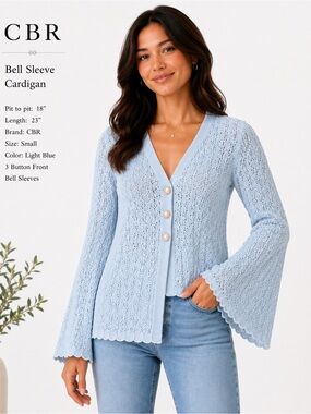 CBR Light Blue Bell Sleeve Crochet Knit Cardigan Size Small‎ Boho 3 Button
